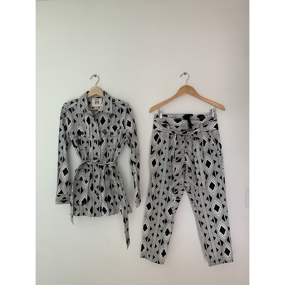 Figue Black And White Geometric Jacket Pants Set XS Luxury Safari Bees Resort